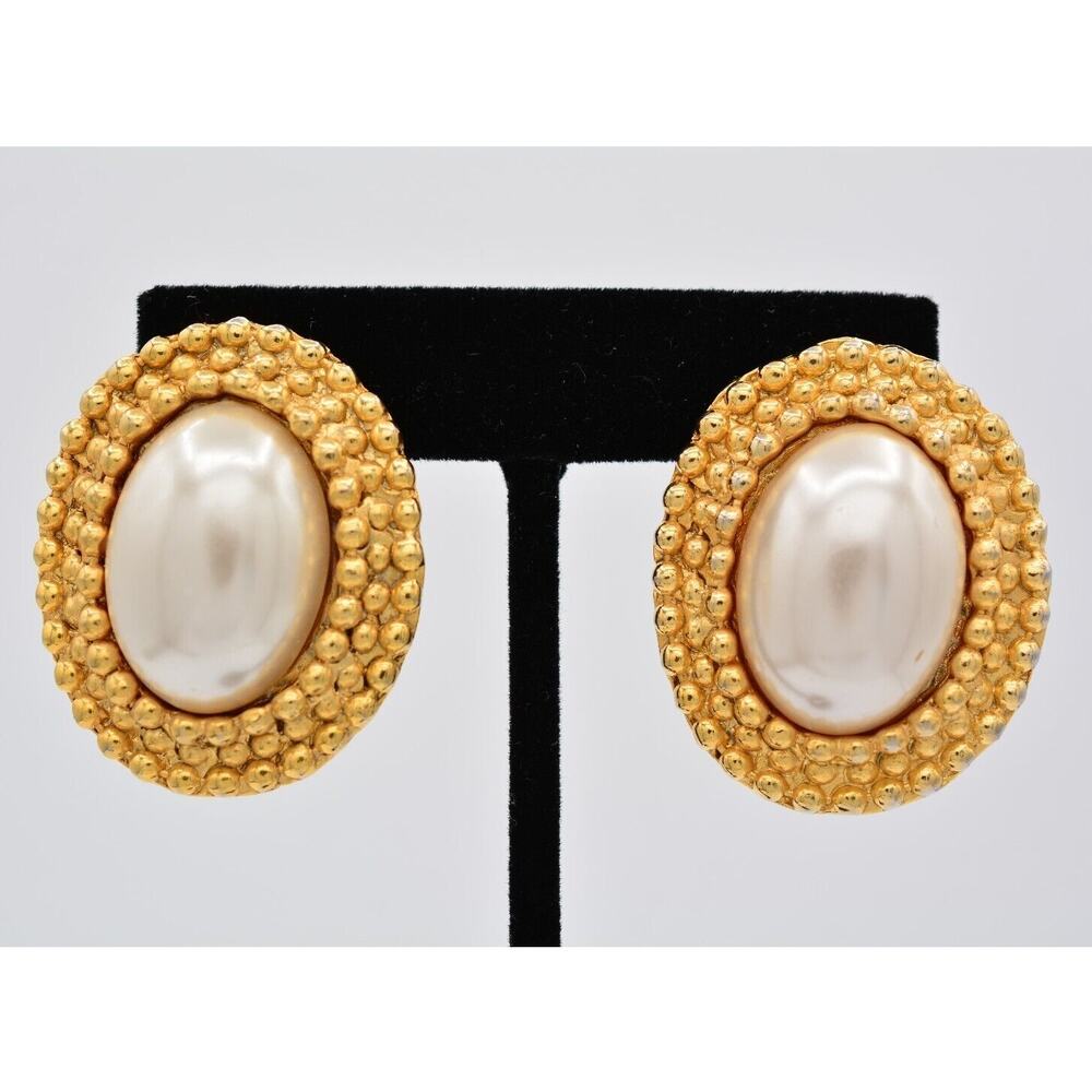 Vintage Clip On Earrings Chunky Faux Pearl Brushed Gold Oval Heavy 1980s BinAV